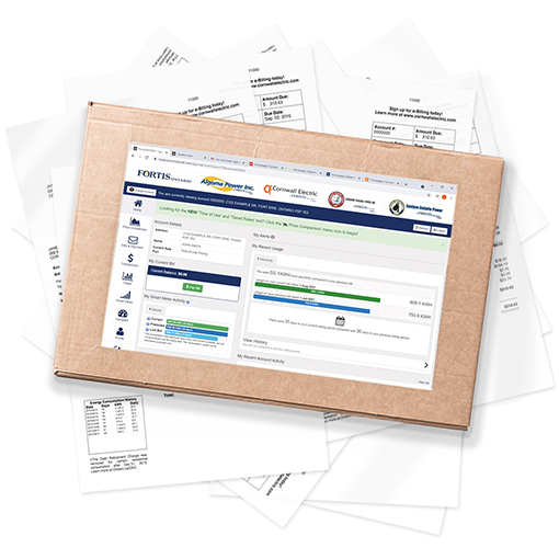 Stack of paper bills with a digital bill on top